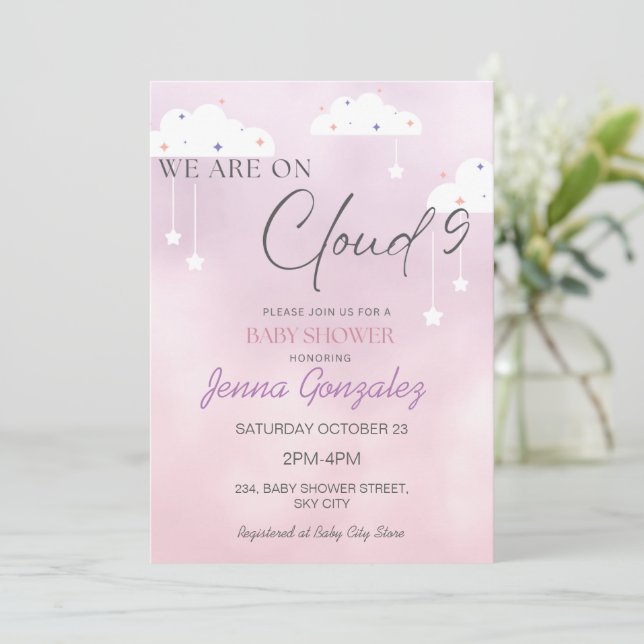 Cloud Nine 9 Girl Pink Baby Dusche Einladung (Stehend Vorderseite)