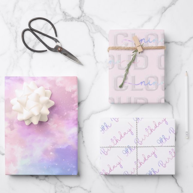 Cloud Nine 9th Birthday Wrapping Paper - Pastel Sk Geschenkpapier Set (Vorderseite)