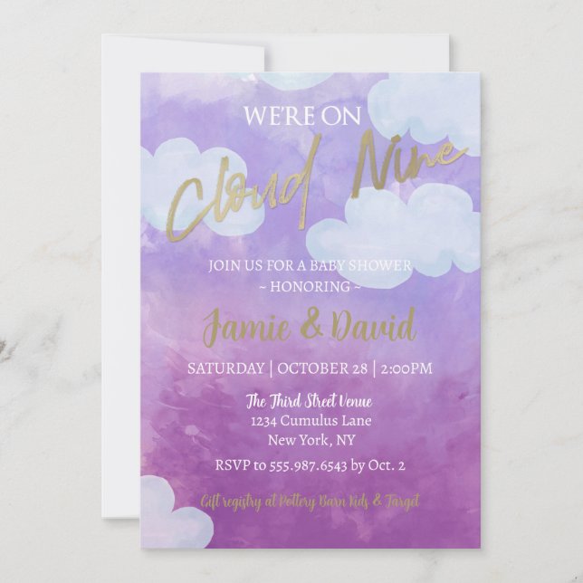 Cloud Nine Baby Shower Watercolor Sky und Wolken Einladung (Vorderseite)