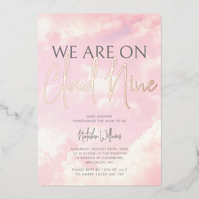 Cloud Nine Clouds Sky Baby Shower Foil Einladung (Vorderseite)