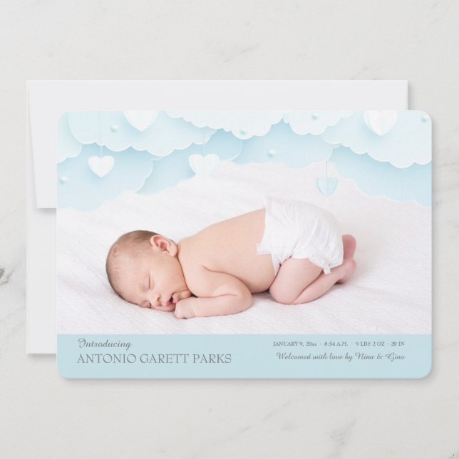 Cloud Nine Foto Birth Ankündigung Blue (Vorderseite)