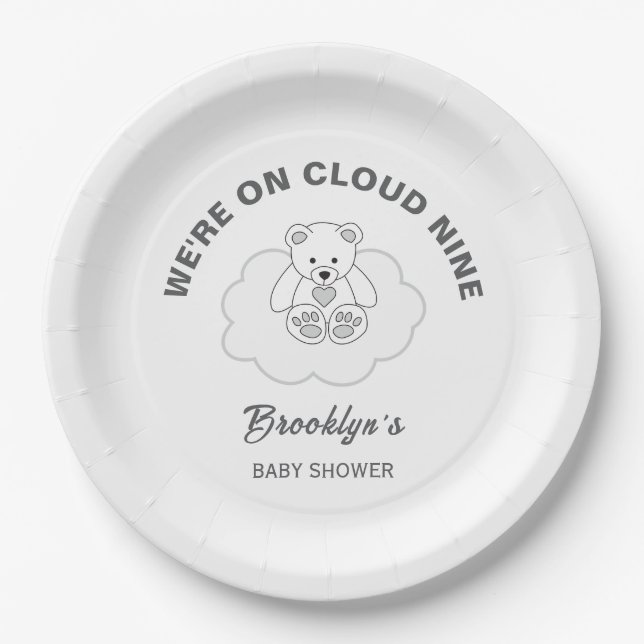 Cloud Nine Gender Neutral Baby Shower Teddy Bär Pappteller (Vorderseite)