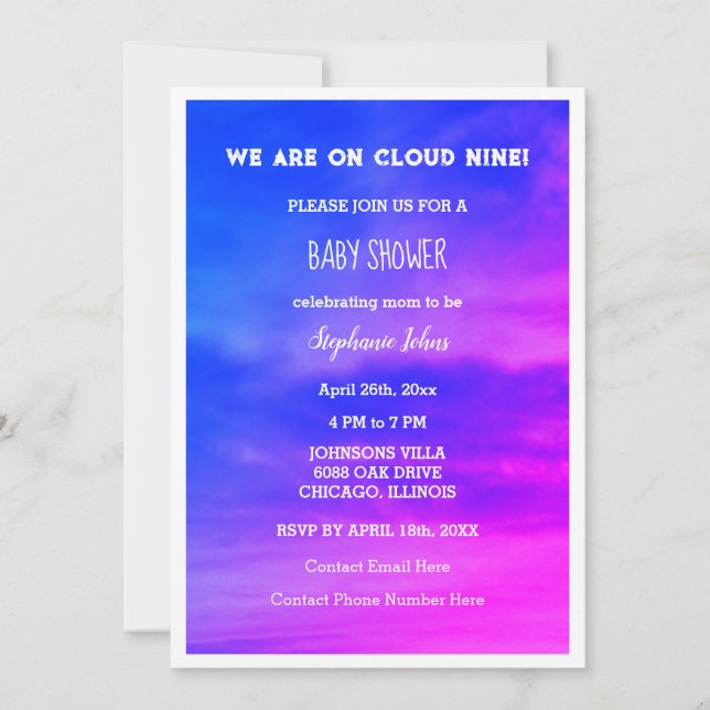 Cloud Nine Girl Baby Dusche Blue Pink Farbenfroh Einladung (Vorderseite)