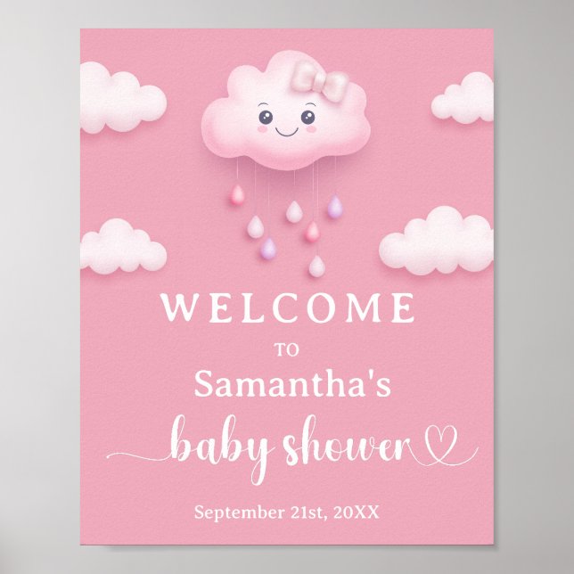 Cloud Nine Modern Pink Girl Baby Dusche Begrüßung Poster (Vorne)