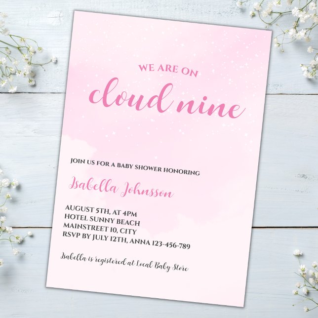 Cloud Nine Pink Clouds Baby Girl Baby Shower Einladung (cloud nine baby girl shower invitation pink clouds)