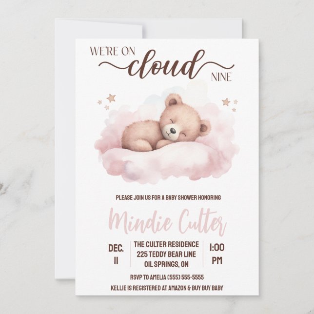 Cloud Nine, Pink Sleeping Teddy Bear Baby Dusche Einladung (Vorderseite)
