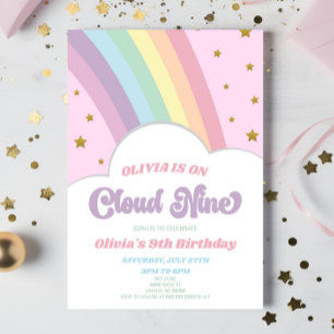 Cloud Nine Rainbow and Stars 9. Geburtstagsparty Einladung
