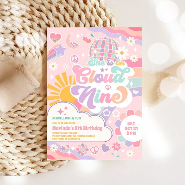Cloud Nine Retro Groovy Daisy 9th Birthday Einladung (Von Creator hochgeladen)
