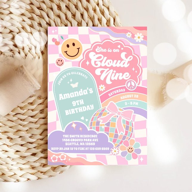 Cloud Nine Retro Groovy Daisy 9th Birthday Invitat Einladung (Von Creator hochgeladen)
