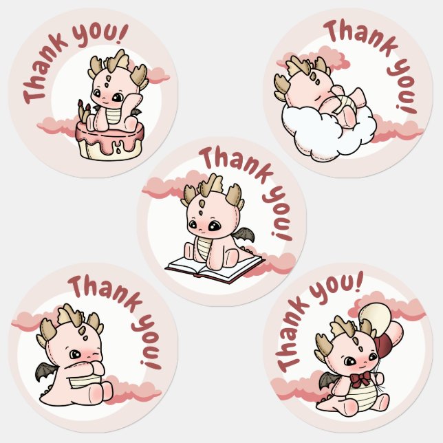 Cloud Pastel Pink Yellow Baby Dragon Vielen Dank Etiketten (Gruppe)