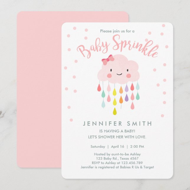 Cloud Raindrops Pink Girl Baby Sprinkle Einladung (Vorne/Hinten)