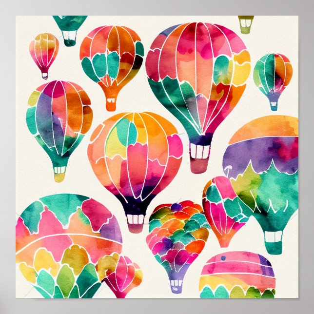 Cloud Watercolor Hot Air Balloons Kunst drucken Poster (Vorne)