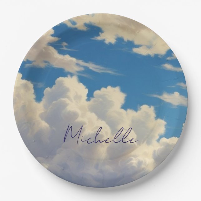 Clouds Blue Sky Schlicht Modern Name Kalligrafie Pappteller (Vorderseite)