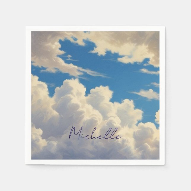 Clouds Blue Sky Schlicht Modern Name Kalligrafie Serviette (Vorderseite)