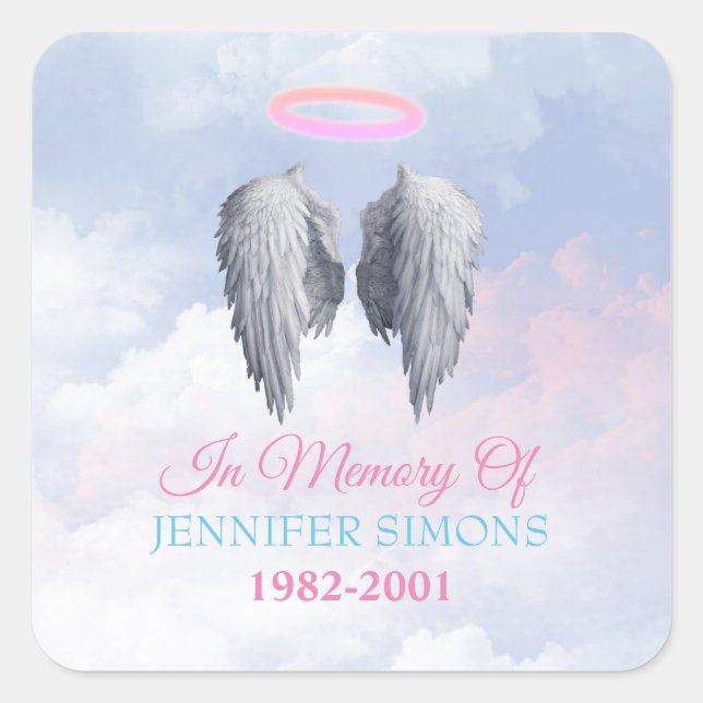 Clouds Memorial Halo & Angel Wings Quadratischer Aufkleber (Vorderseite)