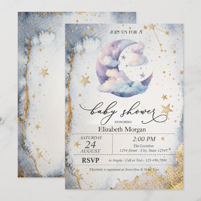 Clouds Moon,Stars Watercolor Baby Shower  Einladung (Vorne/Hinten)