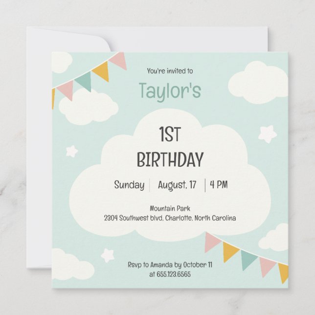 Clouds party flags baby first birthday invitation (Devant)