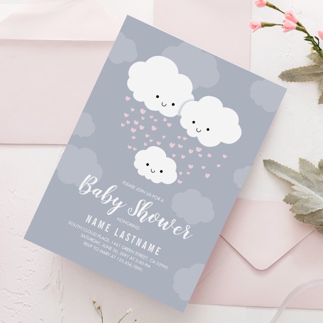 Clouds Pink Hearts Family Paares Baby Duschmädchen Einladung (Von Creator hochgeladen)