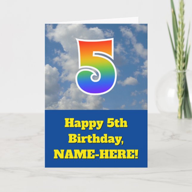 Cloudy Blue Sky, Rainbow Pattern "5" Geburtstag # Karte (Vorderseite)