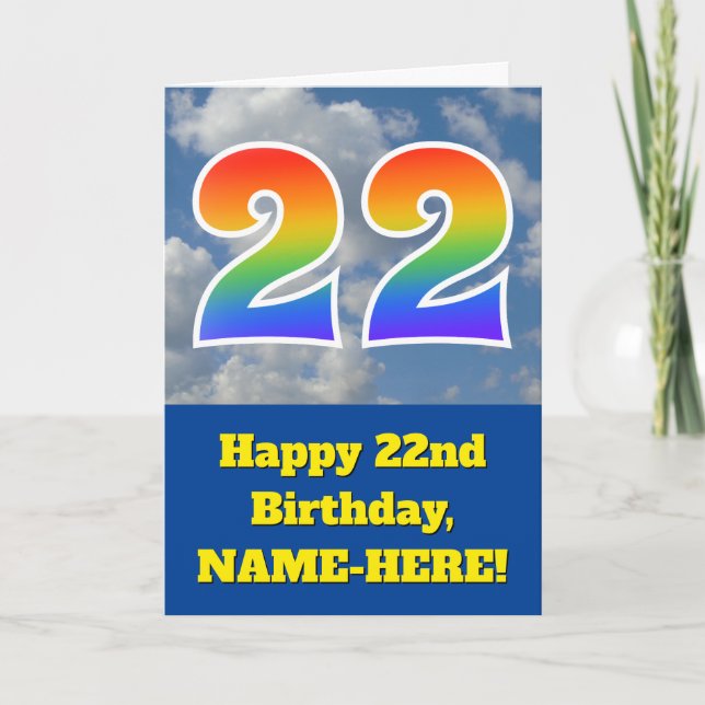 Cloudy Blue Sky, Regenbogenmuster "22" Geburtstag  Karte (Vorderseite)