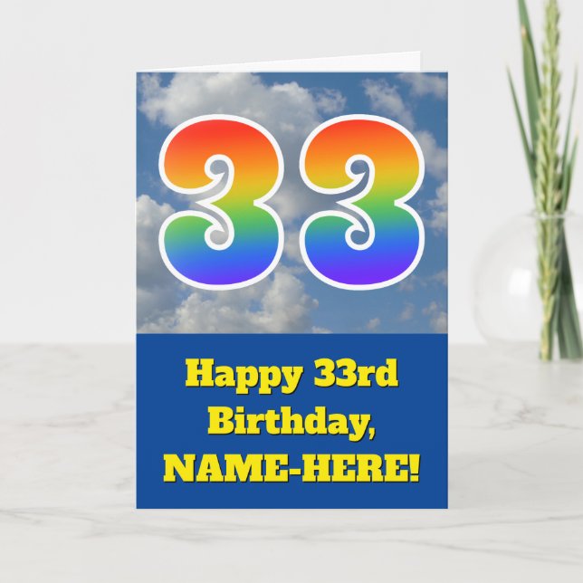 Cloudy Blue Sky, Regenbogenmuster "33" Geburtstag  Karte (Vorderseite)
