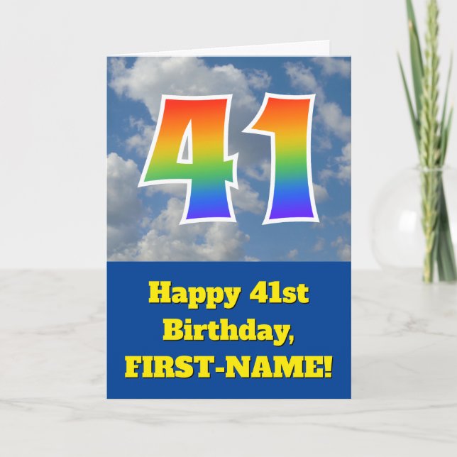 Cloudy Blue Sky, Regenbogenmuster "41" Geburtstag  Karte (Vorderseite)