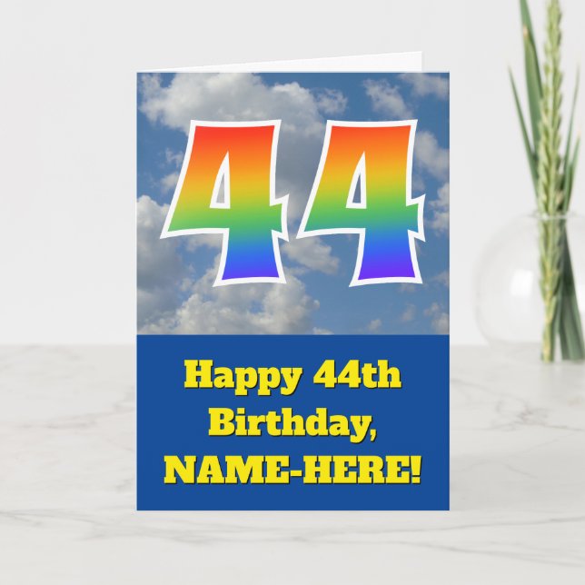 Cloudy Blue Sky, Regenbogenmuster "44" Geburtstag  Karte (Vorderseite)