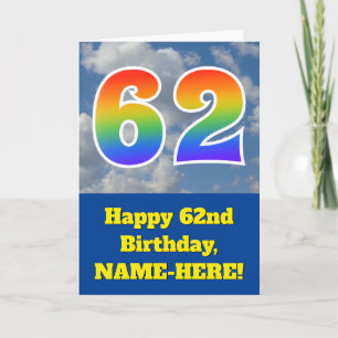 Cloudy Blue Sky, Regenbogenmuster "62" Geburtstag Karte