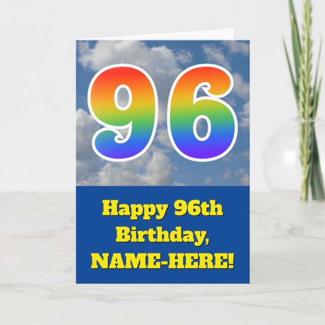 Cloudy Blue Sky, Regenbogenmuster "96" Geburtstag  Karte (Vorderseite)