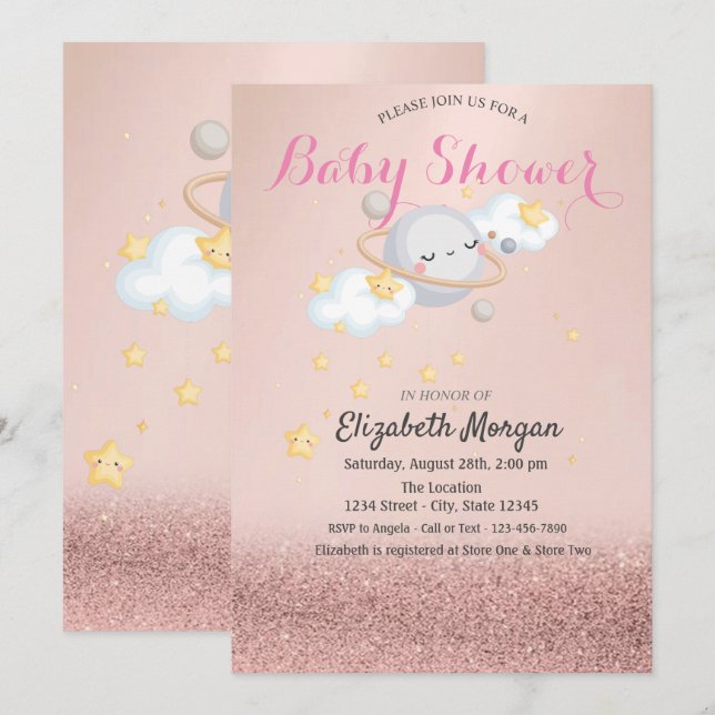 Clous Stars Planet Rose Gold Bokeh Baby Dusche Einladung (Vorne/Hinten)
