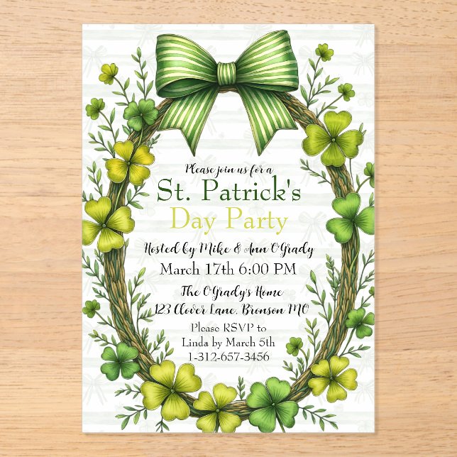 Clover & Bow St. Patrick’s Day Party Design Acryleinladungen (Vorderseite)