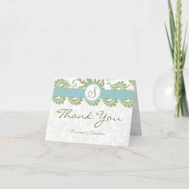 Clover et Aqua Damask Merci Cartes (Devant)