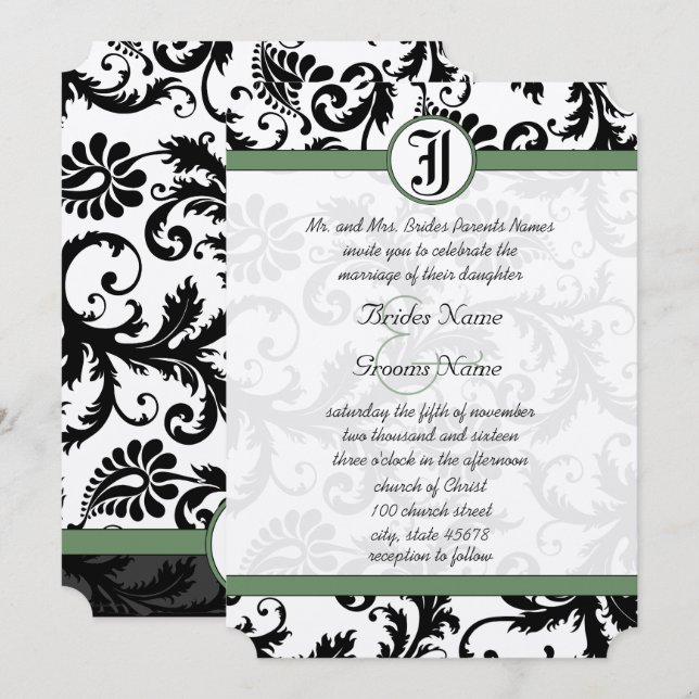 Clover Green Damask Wirbel Hochzeitsfeier Einladung (Vorne/Hinten)