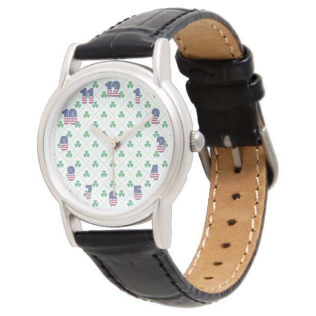 Clover Pattern Black Leather Watch with Classic Lo Armbanduhr (Schrägansicht)