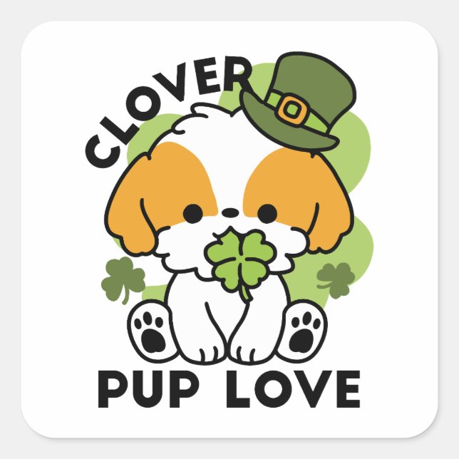 Clover Pup Liebe - St. Patrick's Day Dog Design Quadratischer Aufkleber (Vorderseite)