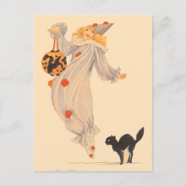 Clown Black Cat Kostüm Trick oder Behandlung Postkarte (Vorderseite)