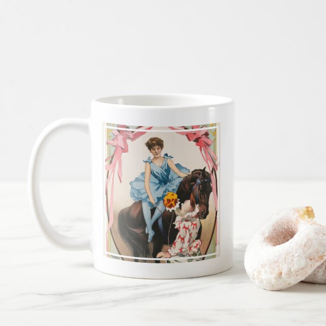 Clown, der einer Frau Blume auf dem Pferd übergibt Kaffeetasse (Mit Donut)