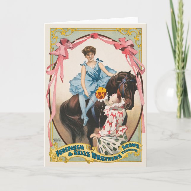 Clown, der einer Frau Blume auf dem Pferd übergibt Karte (Vorderseite)