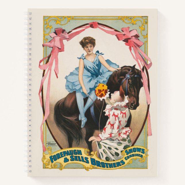 Clown, der einer Frau Blume auf dem Pferd übergibt Notizbuch (Vorderseite)