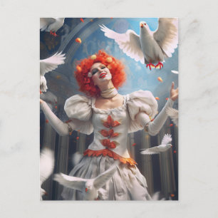 Clown féminine avec pigeons. Carte postale amusant