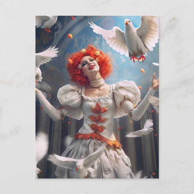 Clown féminine avec pigeons. Carte postale amusant (Devant)