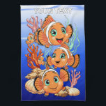 Clown fish Cartoon cute Family Underwater Geschirrtuch<br><div class="desc">Cute and Joyful little Clownfish Cartoon Characters swimming together on underwater Coral Reef Background. Original Vector Illustration Copyright BluedarkArt.</div>