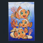 Clown fish Cartoon cute Family Underwater Geschirrtuch<br><div class="desc">Cute and Joyful little Clownfish Cartoon Characters swimming together on underwater Coral Reef Background. Original Vector Illustration Copyright BluedarkArt.</div>