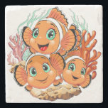 Clown fish Cartoon cute Family Underwater Steinuntersetzer<br><div class="desc">Cute and Joyful little Clownfish Cartoon Characters swimming together on underwater Coral Reef Background. Original Vector Illustration Copyright BluedarkArt.</div>
