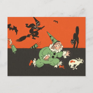 Clown Hund Hexe Fledermaus schwarze Katze Skelett Postkarte