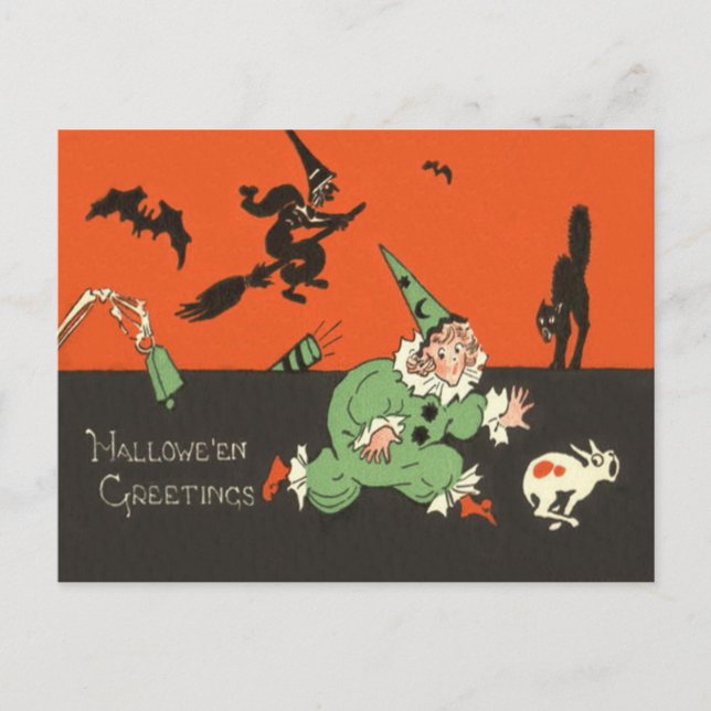 Clown Hund Hexenmeister Schwarze Katze Skelett Postkarte (Vorderseite)