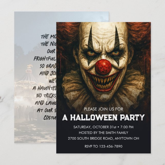 Clown-Karneval von Schrecken Halloween-Party Einladung (Vorne/Hinten)