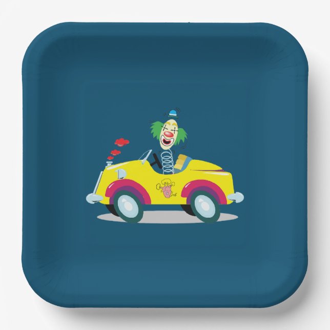 Clown mit dem Auto Pappteller (Vorderseite)
