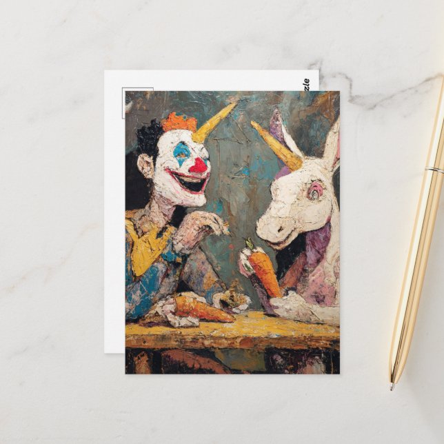 Clown mit Einhorn  Postkarte (Vorderseite/Rückseite Beispiel)