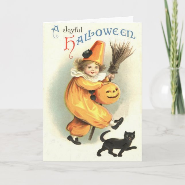 Clown-schwarze Katzen-Kürbislaterne-Kürbis Karte (Vorderseite)